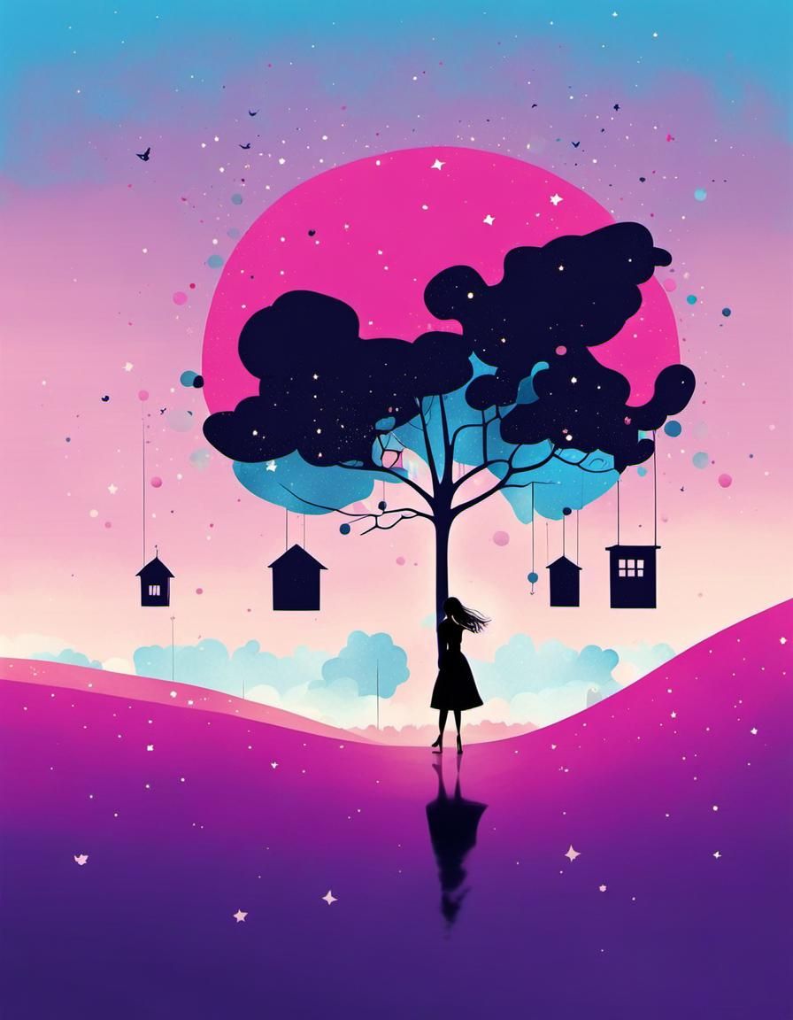 Lonely Figure in Abstract Cartoon Landscape