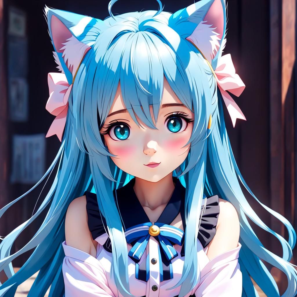 Anime Girl with Blue Hair and Cat Ears