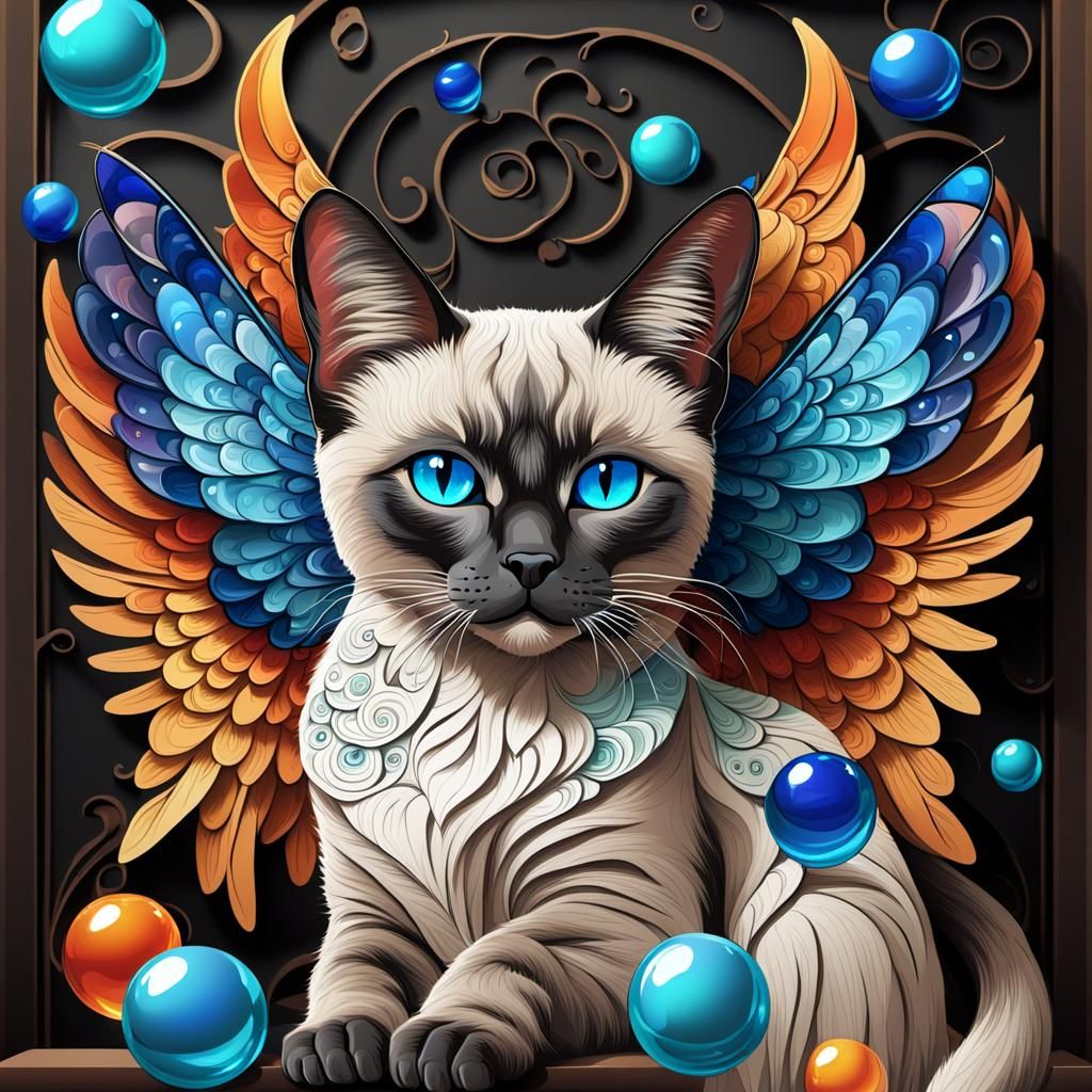 Winged Siamese Cat on Shelf with Glass Orbs