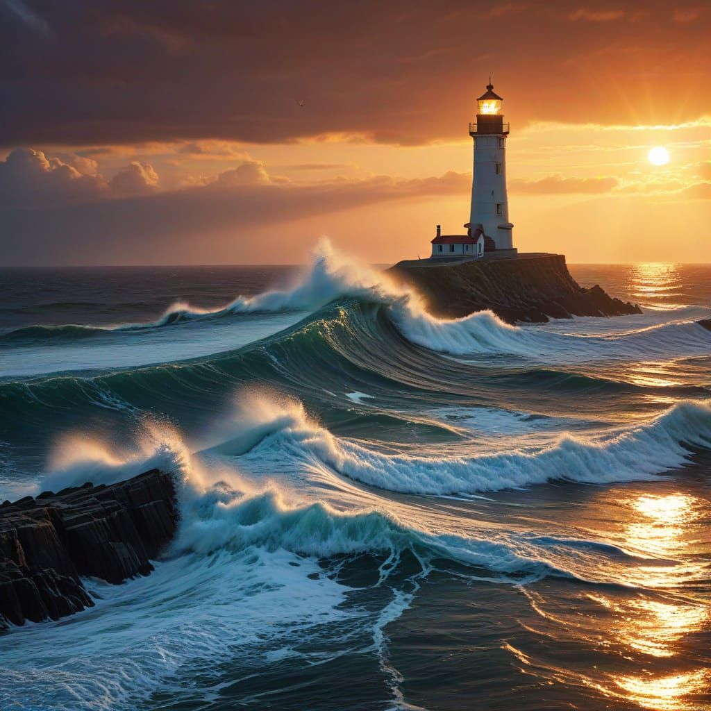 Lighthouse Sunset Over Majestic Ocean Waves