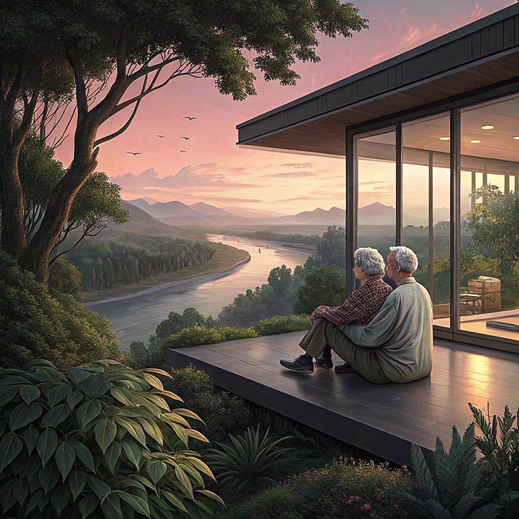 Elderly Couple Enjoying River View in Photorealistic Style