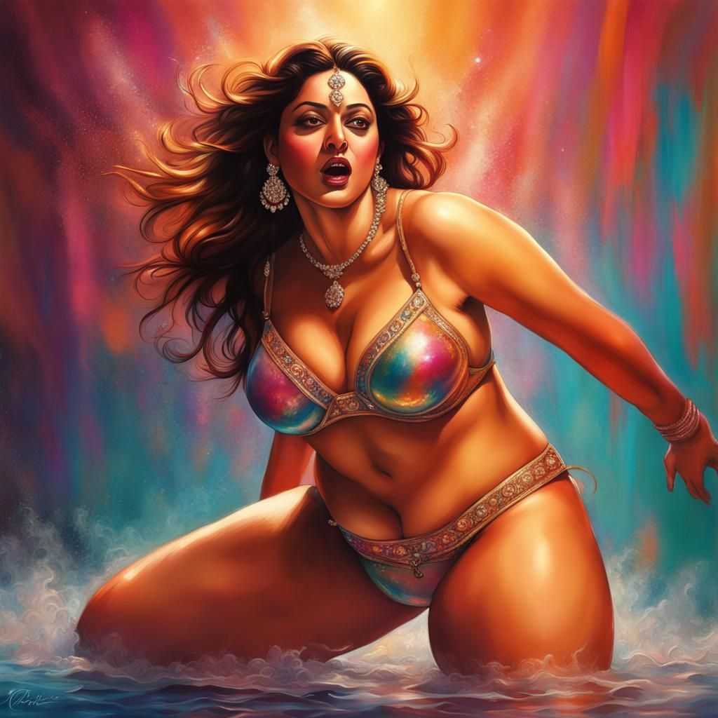 Curvy Woman in Crystal Bikini: Hyperrealistic Splash Art