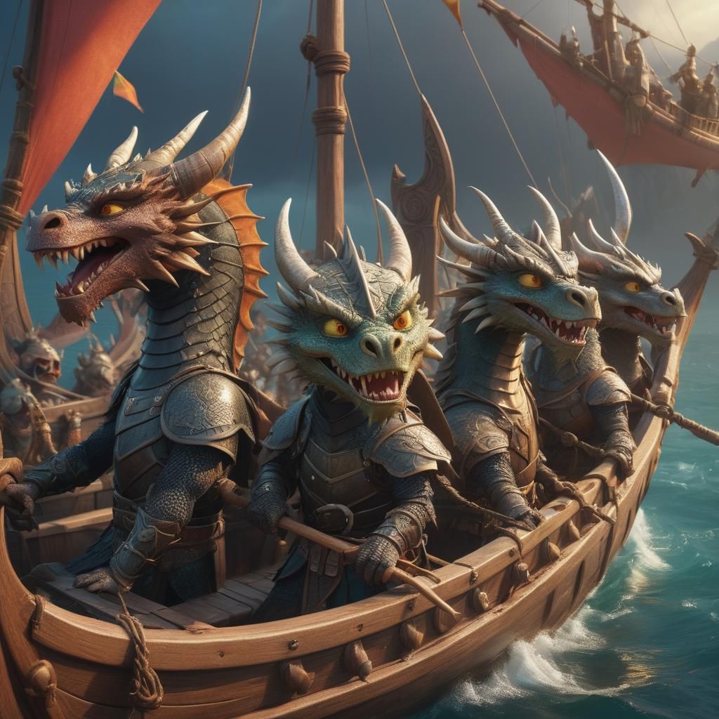 Dragons on a Viking Boat as 3D Digital Art