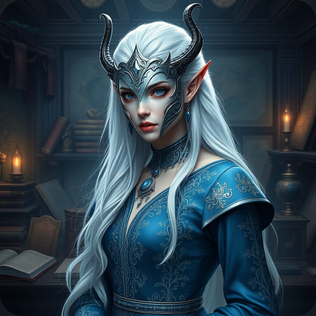 Elegant High-Elf in Mystical Study, Fantasy Concept Art