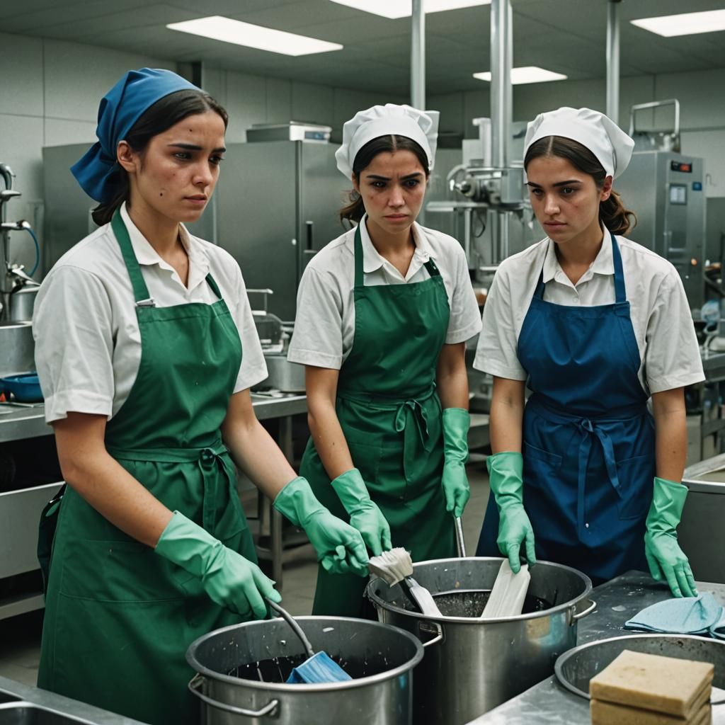 Distressed Charwomen Clean Modern Lab in Hyperrealistic Film...