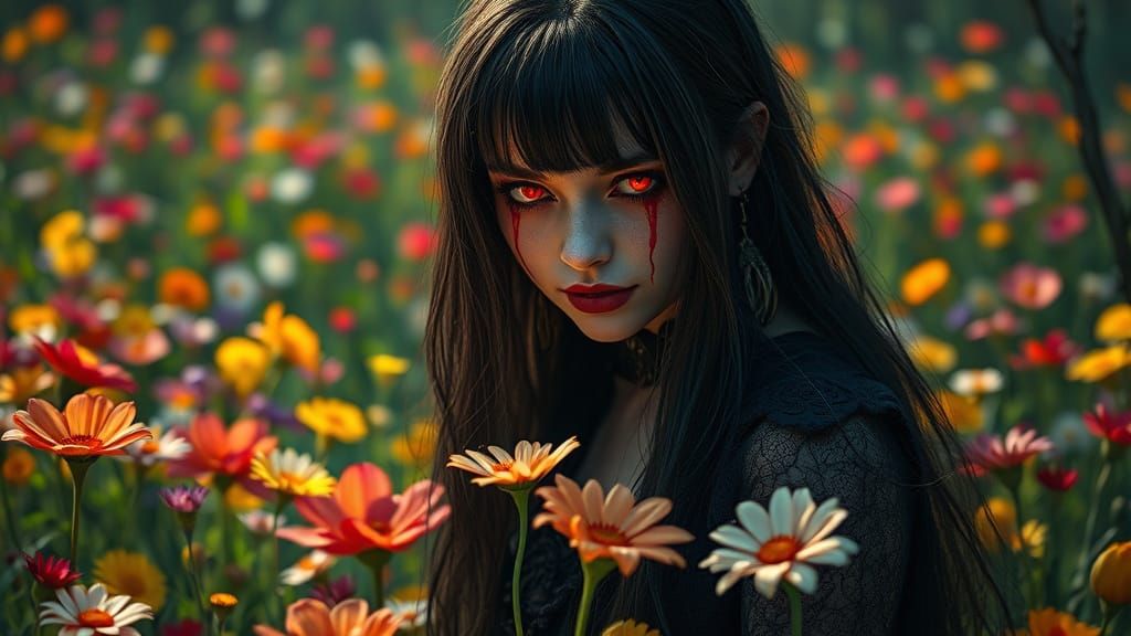 Gothic Banshee Crying Bloody Tears in Cheerful Meadow