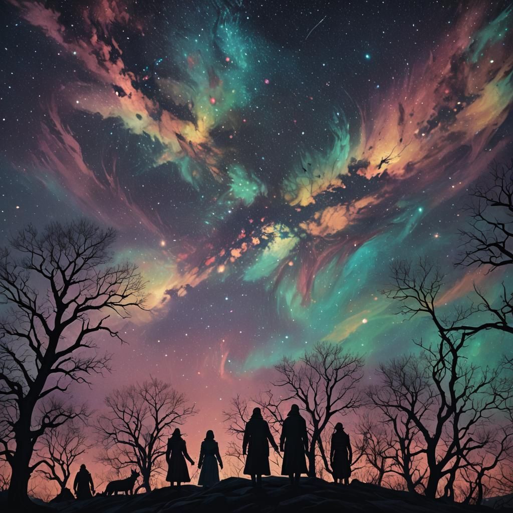 Silhouettes Against Starry Night Sky: Photorealistic Oil Pai...