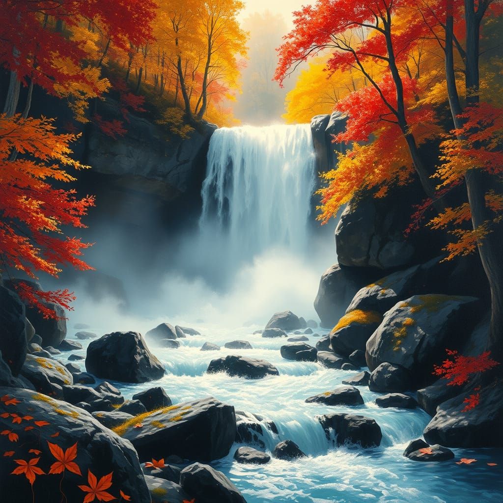 Autumn Waterfall Majesty in Egon Schiele Style