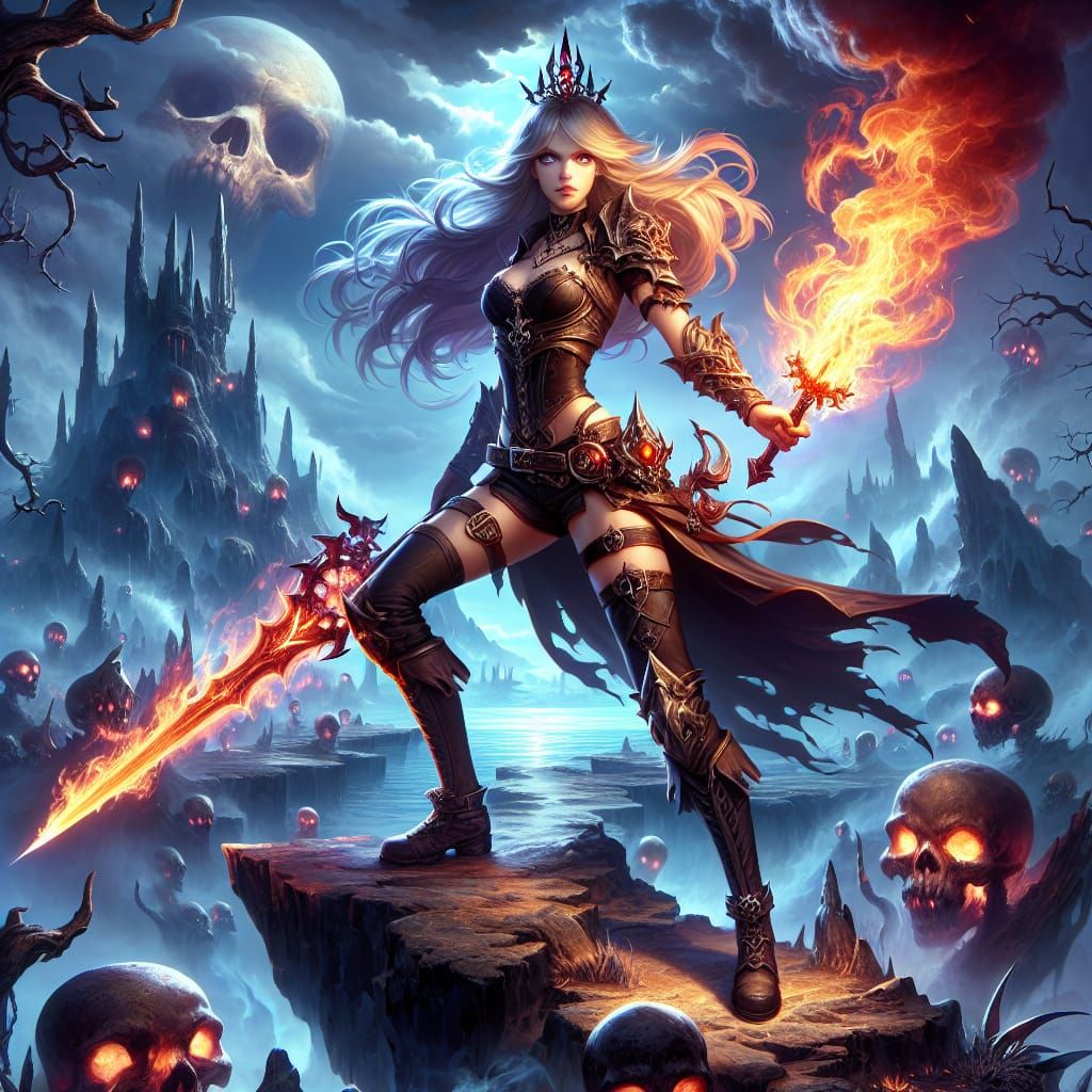 Warrior Girl with Flaming Sword on Skull Island