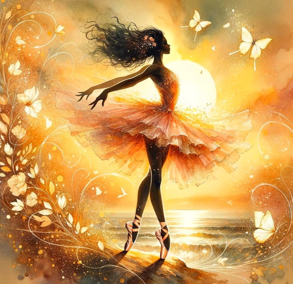 Ballerina's Sunrise Dance in Watercolor Style