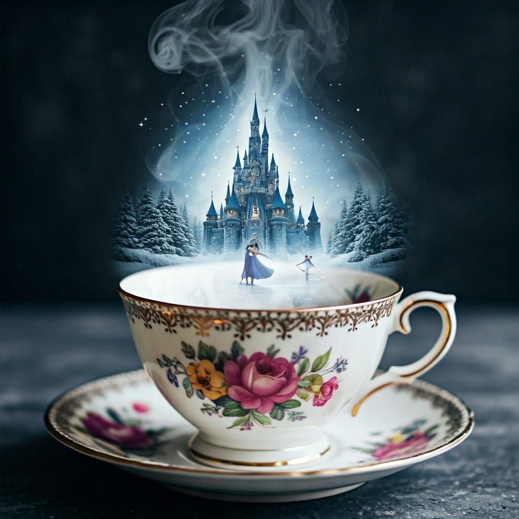 A teacup with a landscape forming on its surface, featuring ...