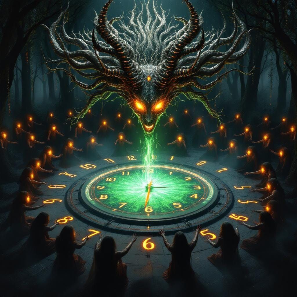 Eerie Antelope Sorcerer Over Clock in Dark Forest