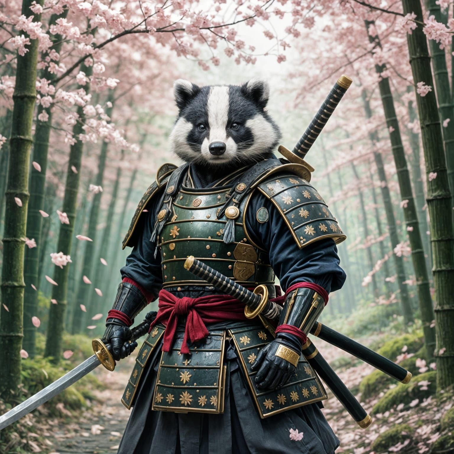 Badger Samurai in Bamboo Forest with Blossoms