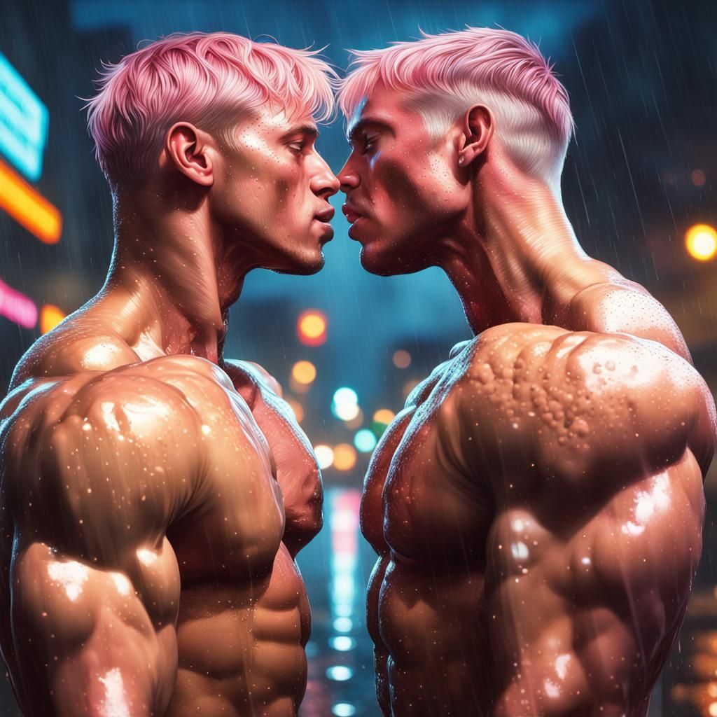 Hyperrealistic Muscle Men Kissing in Rainy City