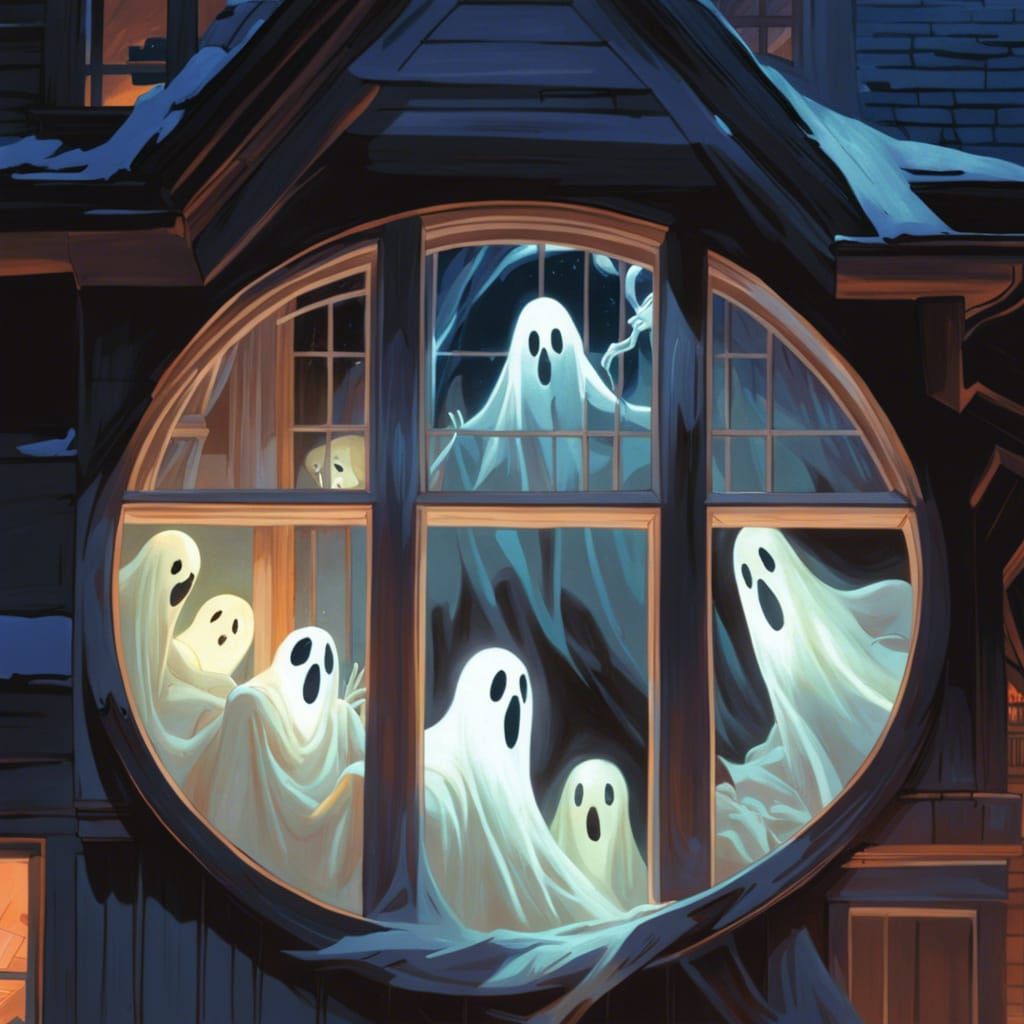 Eerie Haunted House with Glowing Ghost, Digital Art