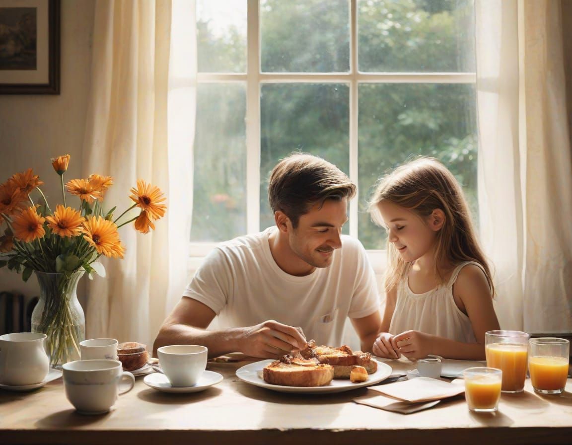 Father and Child Share Sunday Breakfast in Kitchen
