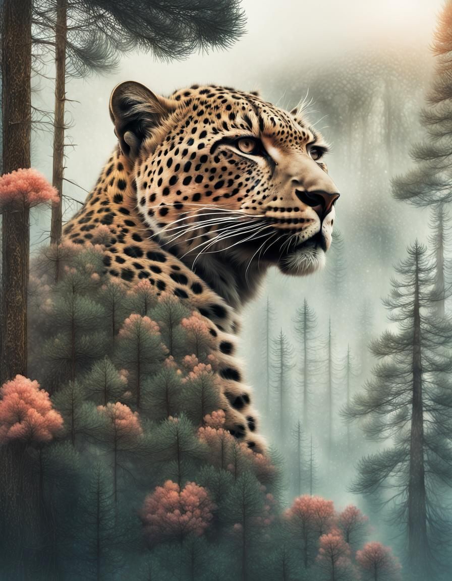 Double Exposure: Leopard and Pines in Ethereal Style