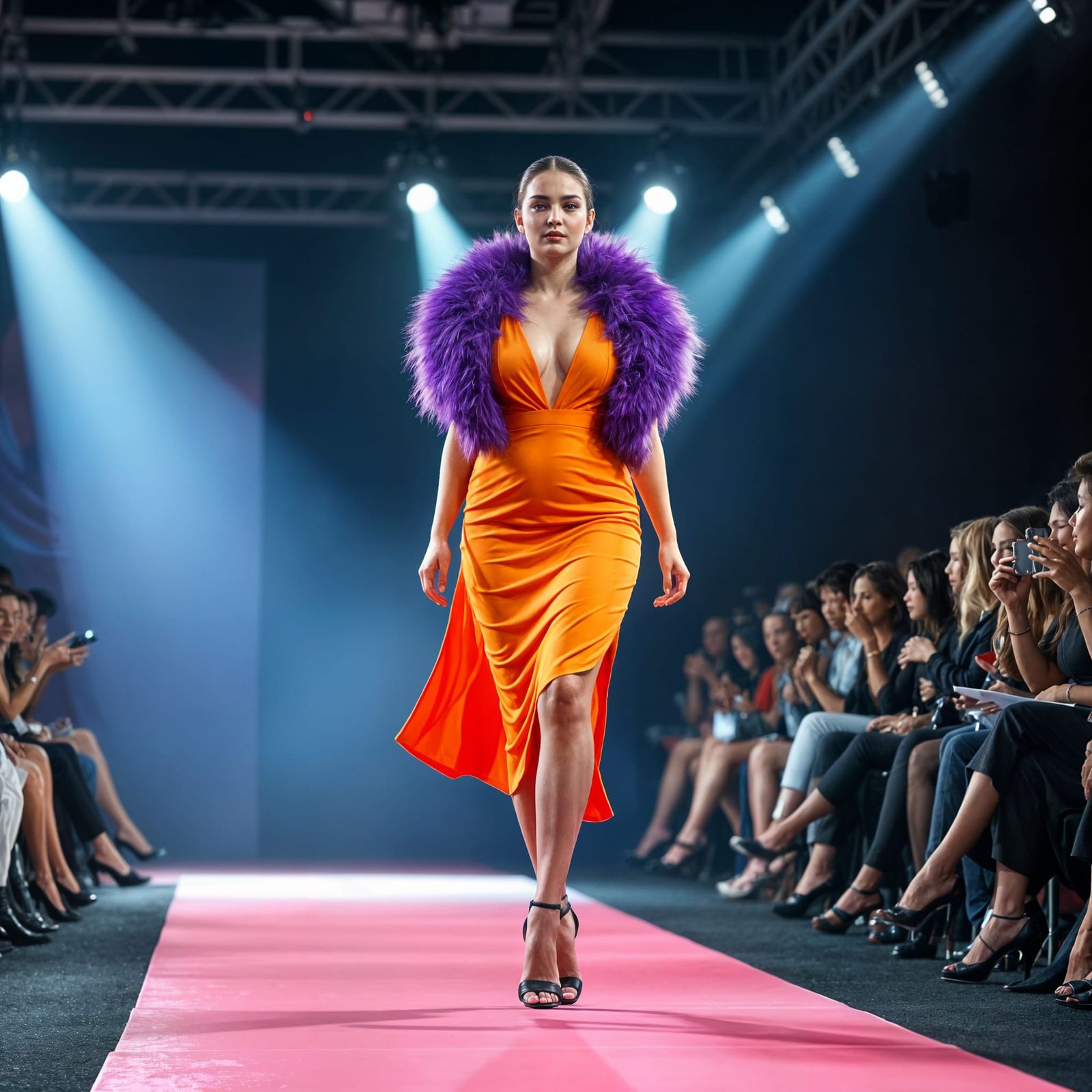 Glamorous Plus-Size Model Struts Down Catwalk in Vibrant Ora...