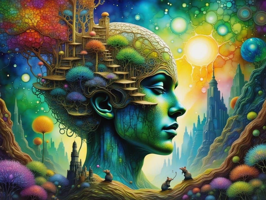 Surreal Stone Head Floats in Psychedelic Landscape