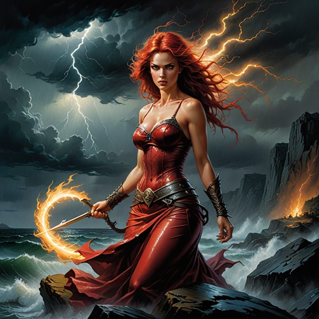 Red-Haired Mermaid on Stormy Cliff as Oil Painting