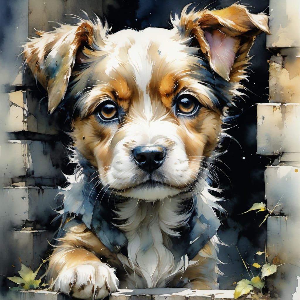 Watercolor Portrait of Puppy in Whimsical Fairytale Setting