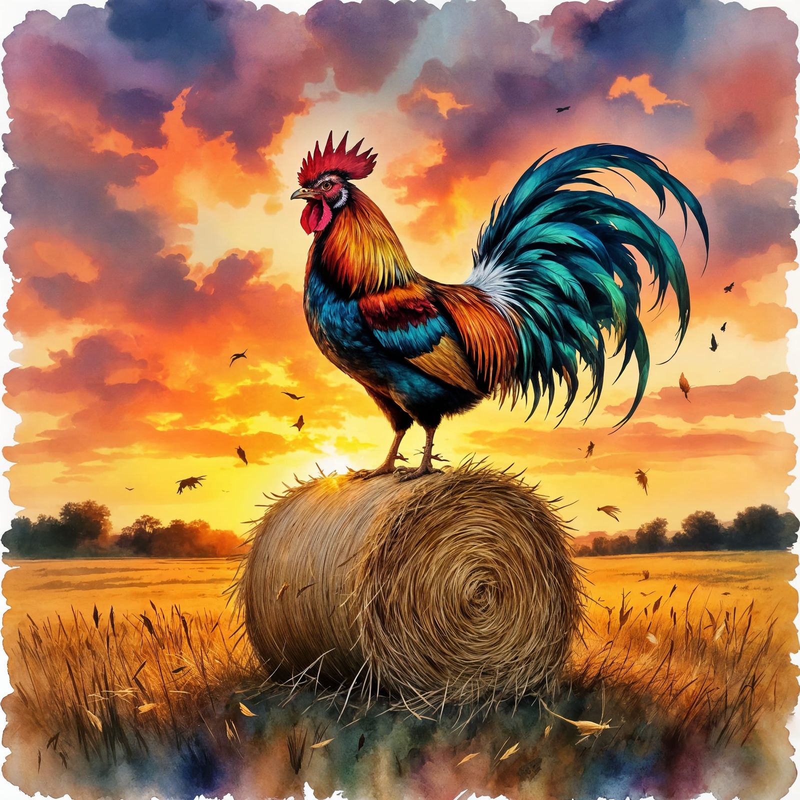 Majestic Rooster in Alcohol Ink Sunset, Pollock Style