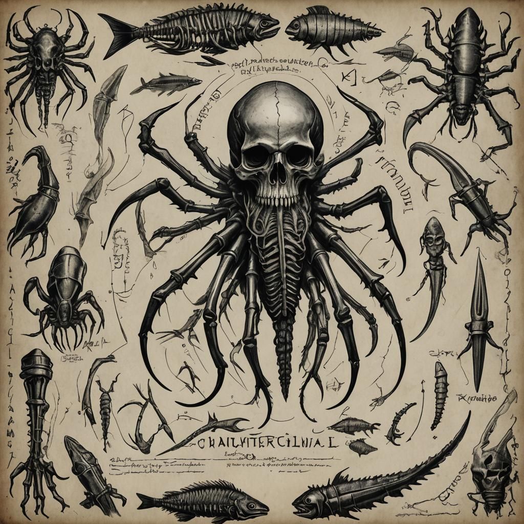 Anatomical Drawing of Lovecraftian Horror in Black and White