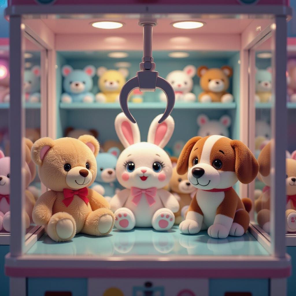Cute Claw Machine in Bustling Arcade, Cel-Shaded Plush Toys
