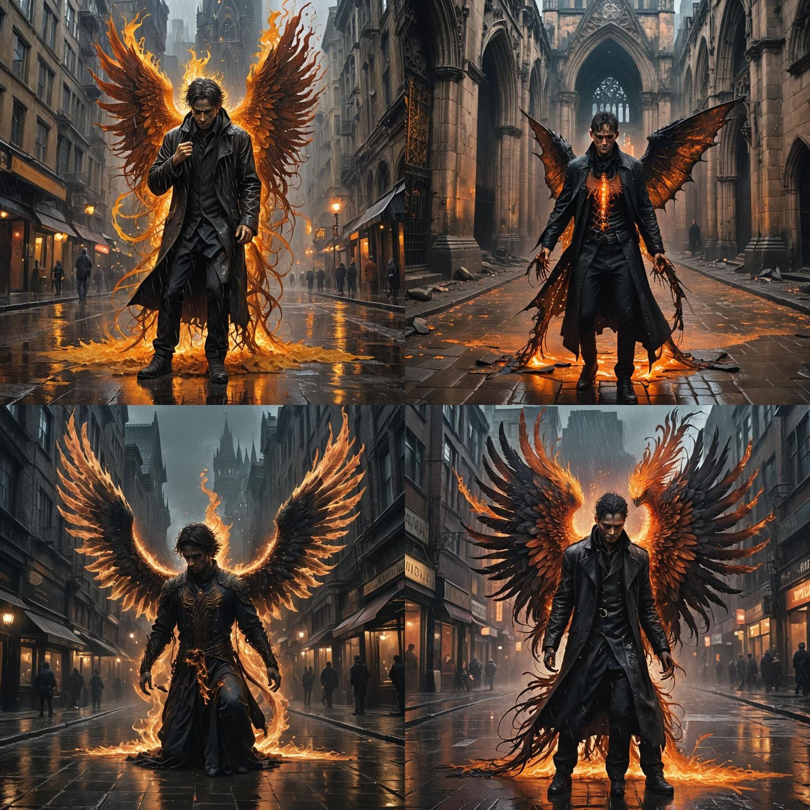 Man's Transformation: Phoenix in Gothic Cityscape