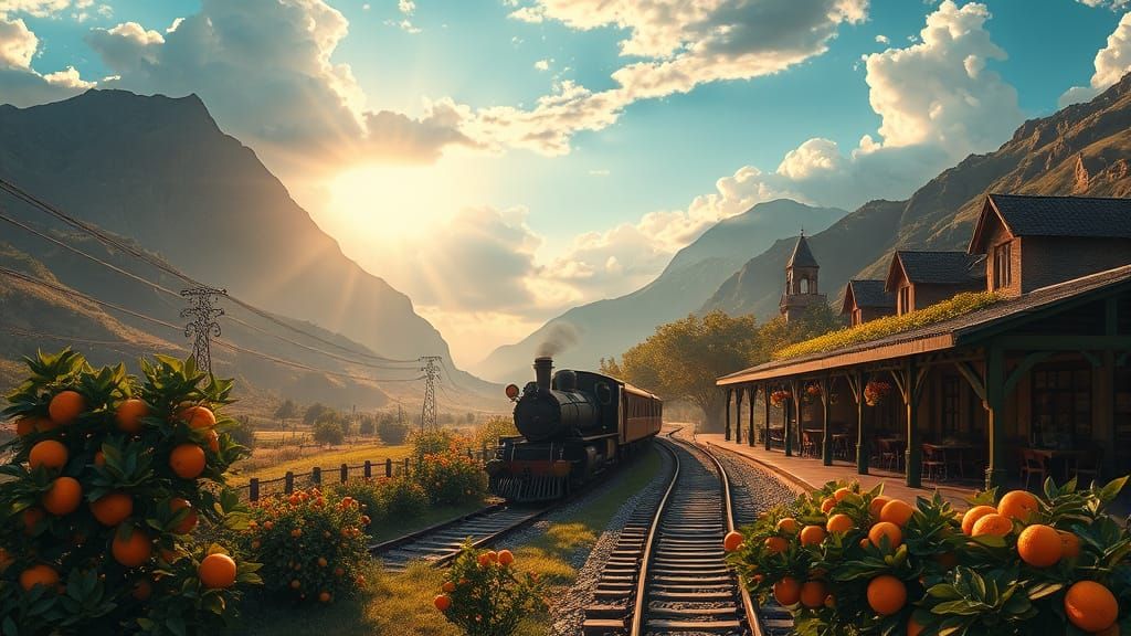 Steam Train Journey Through Orange Valley: Matte Painting