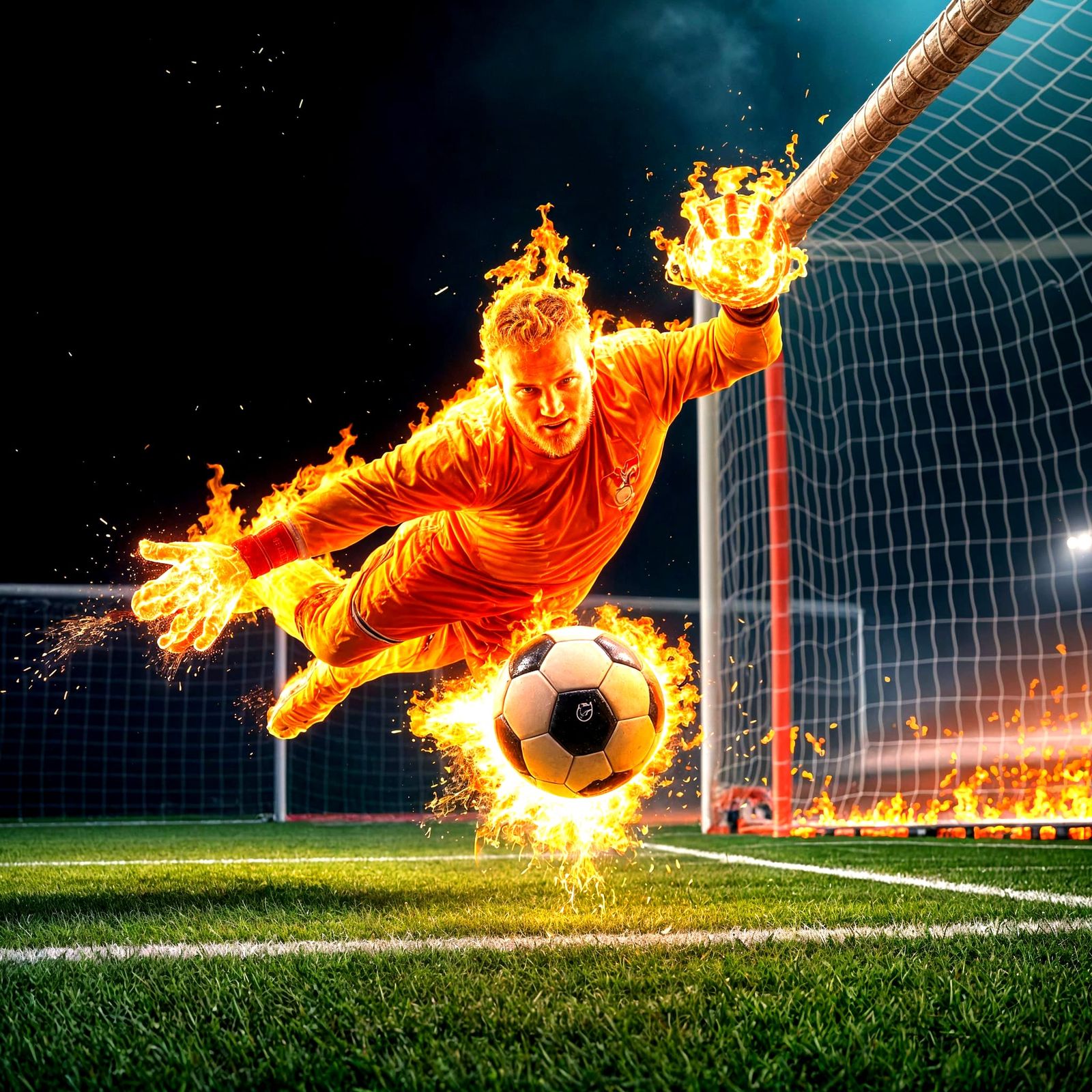 Flaming Goalkeeper Makes a Save