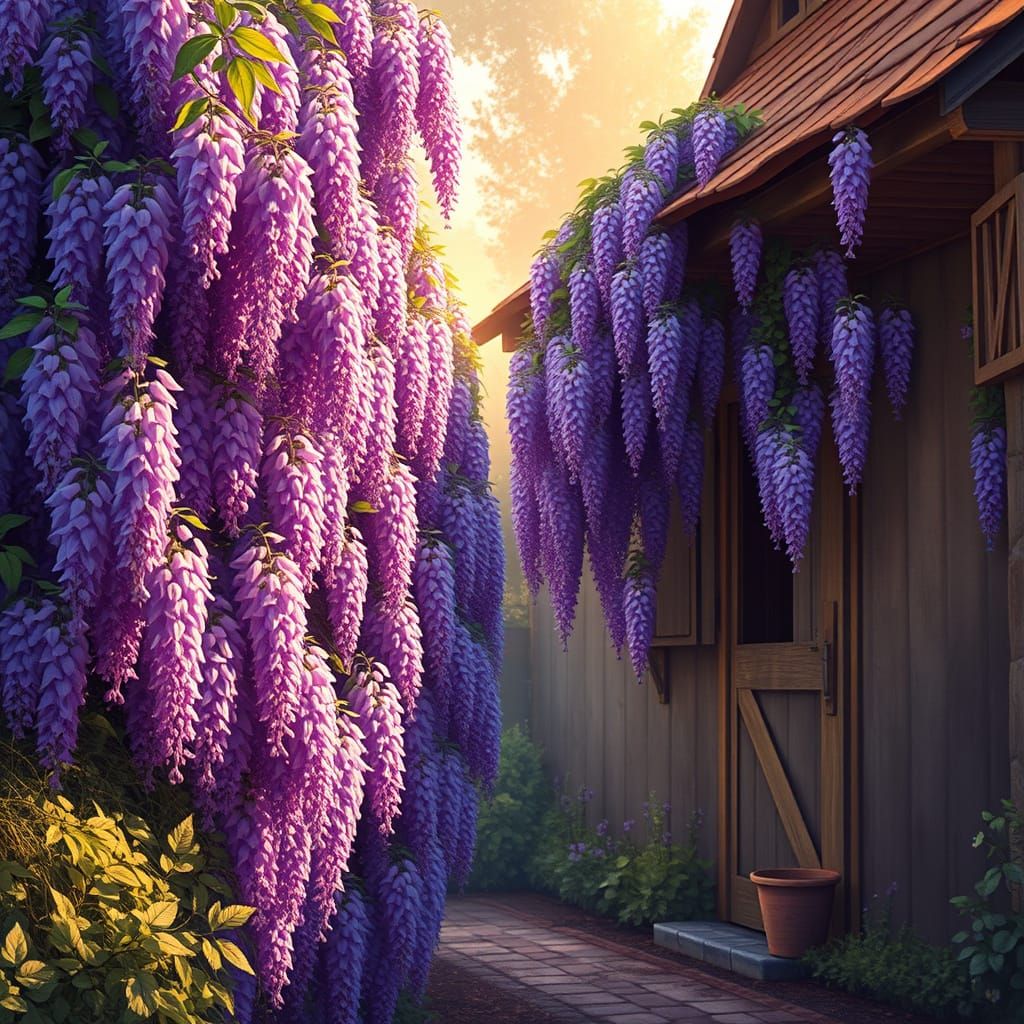 Surreal Wisteria Hedge at Sunrise in Whimsical Fantasy Style