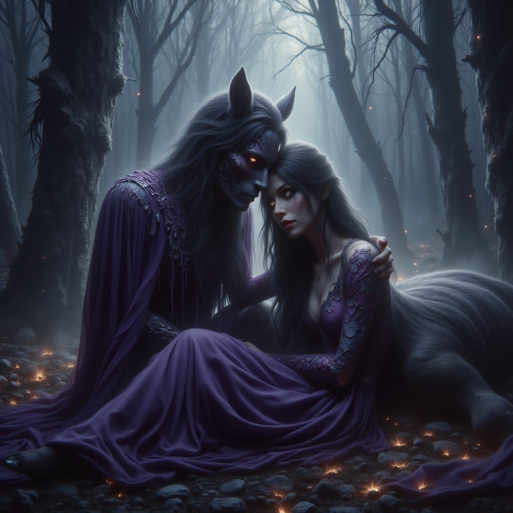 Woman in Purple Cape with Horse in Misty Forest