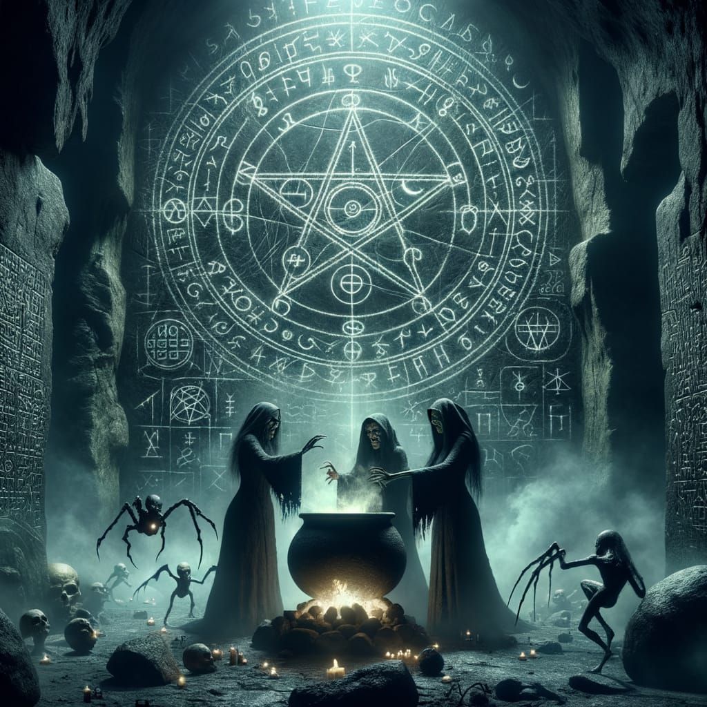 Three Witches Conjure in Ancient Cave Lair