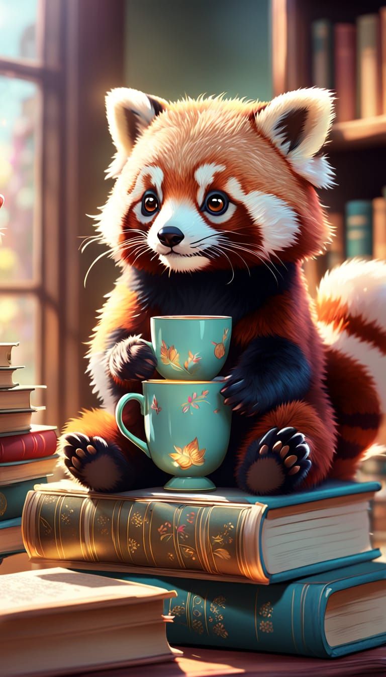 Red Panda Tea Party in Cozy Library Nook