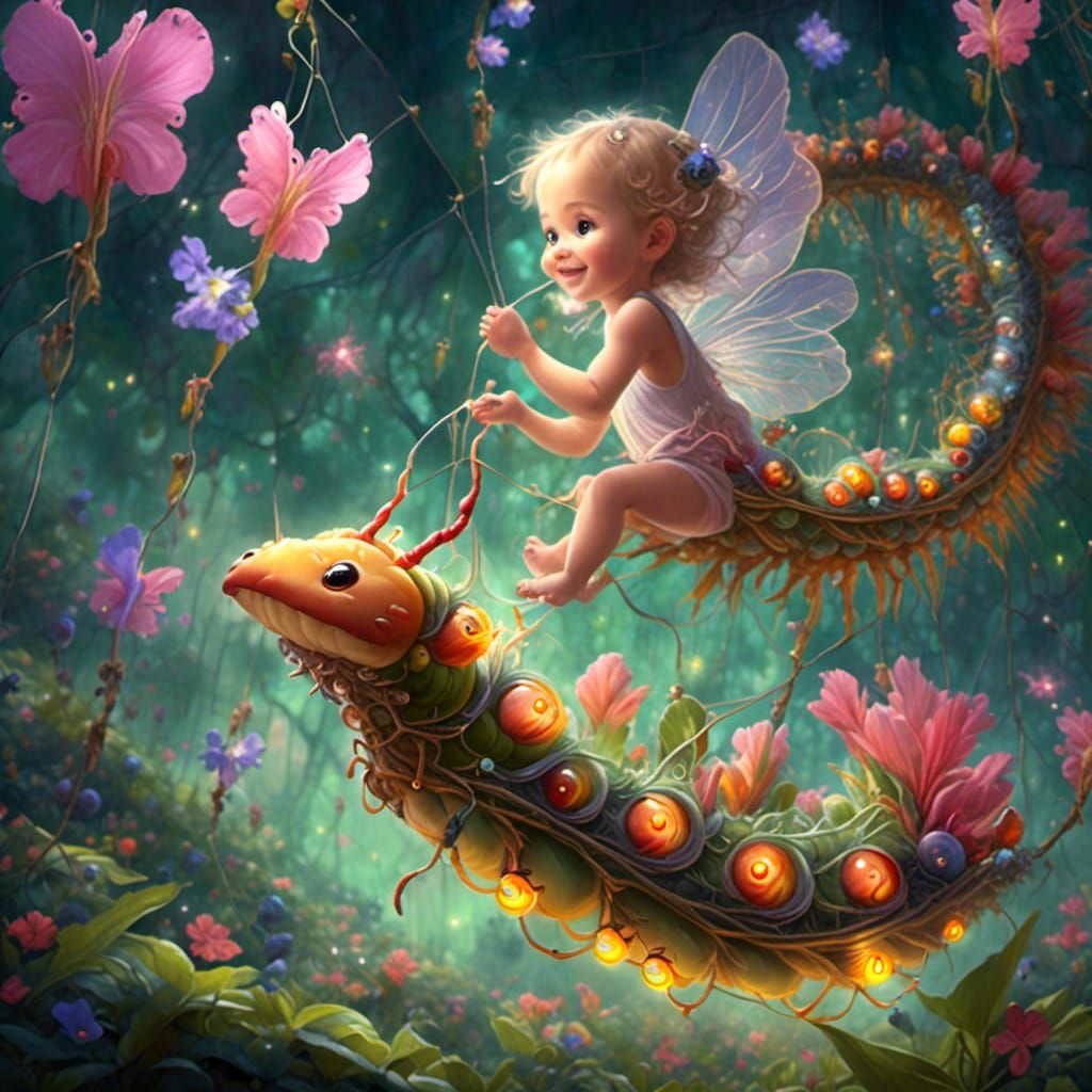 Fairies Ride a Glowing Caterpillar in Synthwave Style