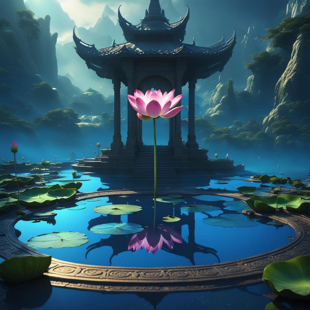 Sacred Lotus in Blue Pond: Fantasy Concept Art