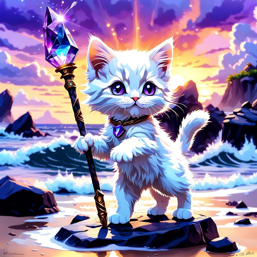 Magical Kitten Mage Casting Spell at Sunset