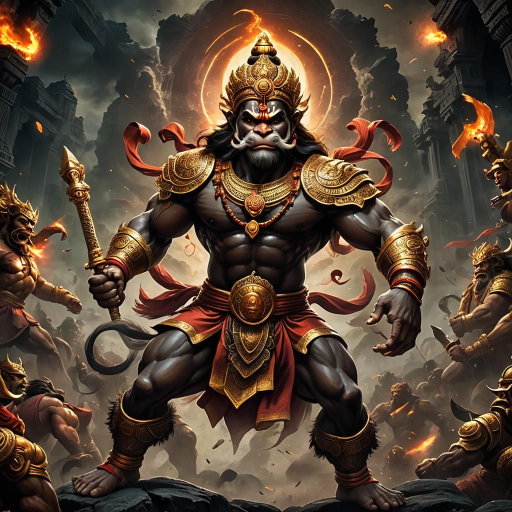 Hanuman in Dynamic Battle Stance as Graffiti Art