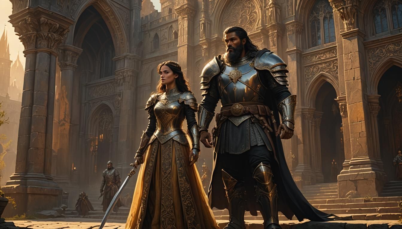 Medieval Warrior Protects Princess in Baroque Style