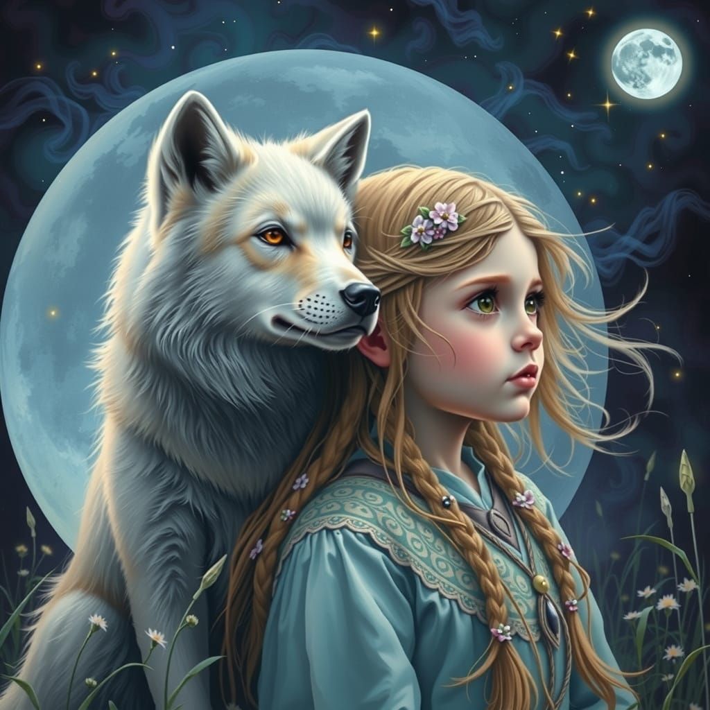 Celtic Child and Wolf Pup Gazing at Moon