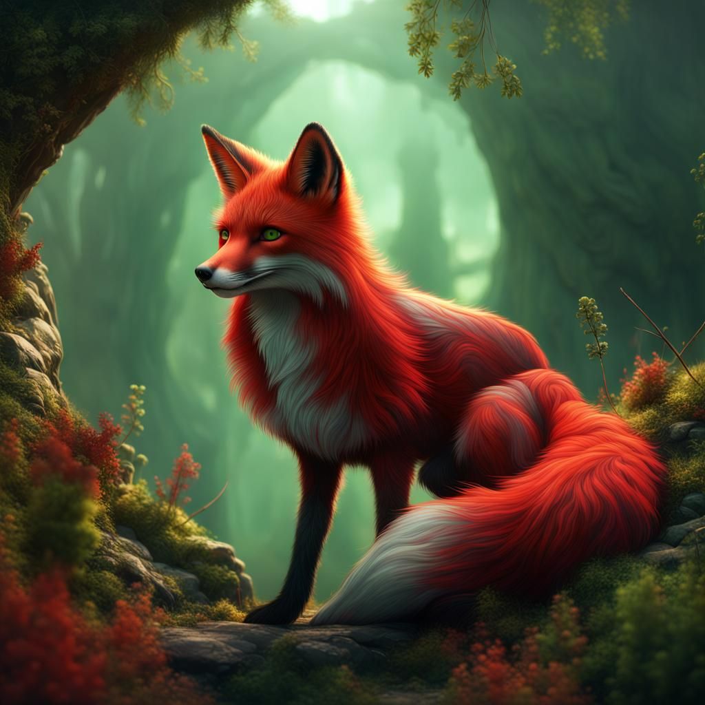 Fantastical Red and Green Fox Concept Art
