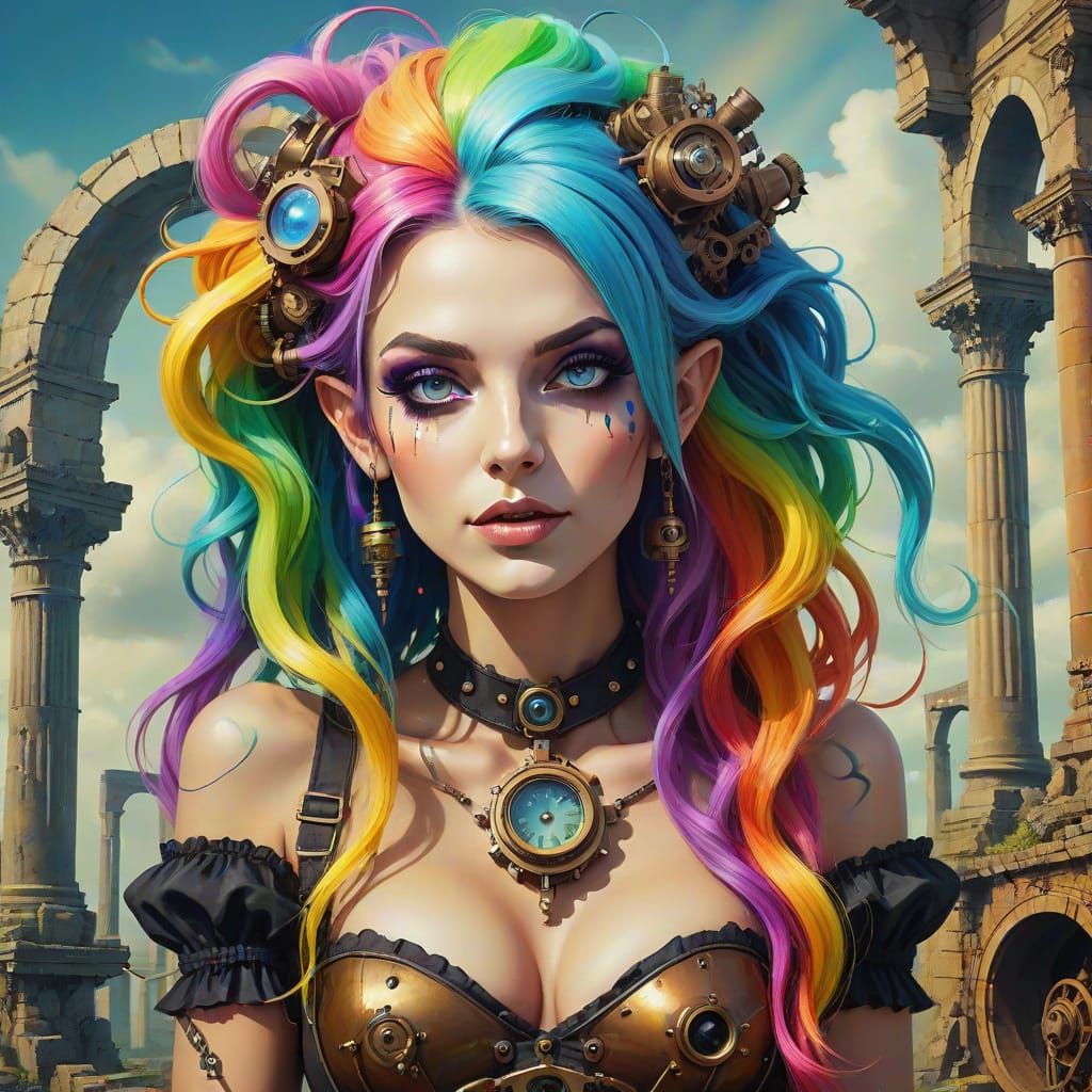 Surreal Steampunk Goddess with Rainbow Hair and Ancient Ruin...