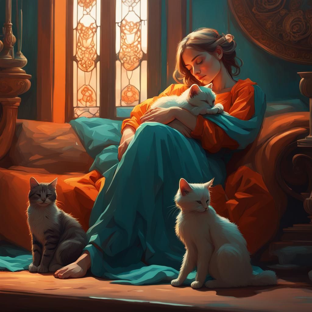 Young lady quietly sleeping with her baby cat