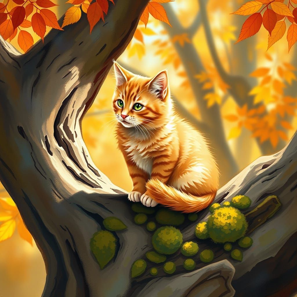 French Post-Impressionist Cat on Autumn Tree Trunk