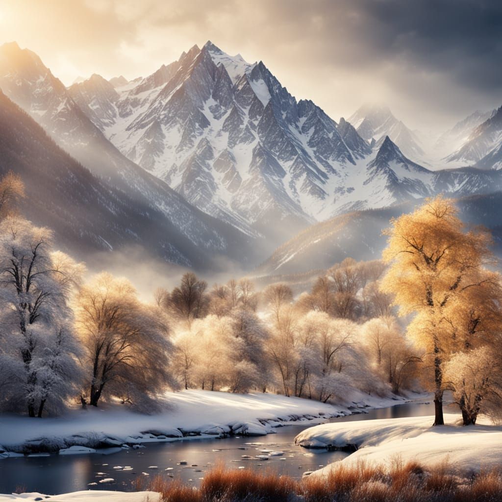 Majestic Snowy Peaks in Warm Golden Light