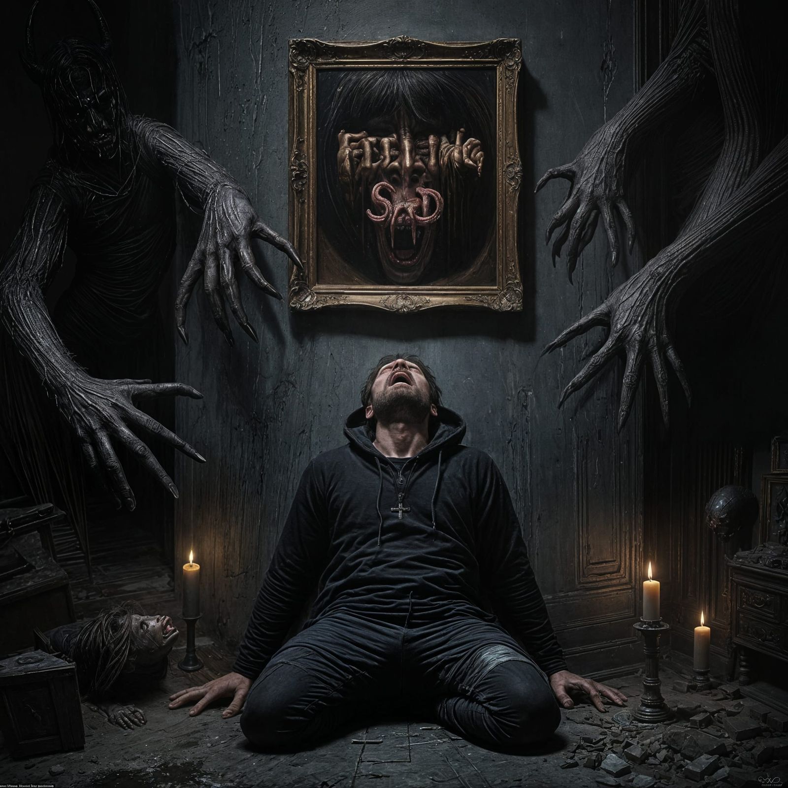 Hyper Realistic Horror Scene Depicting Desperation in Darkne...