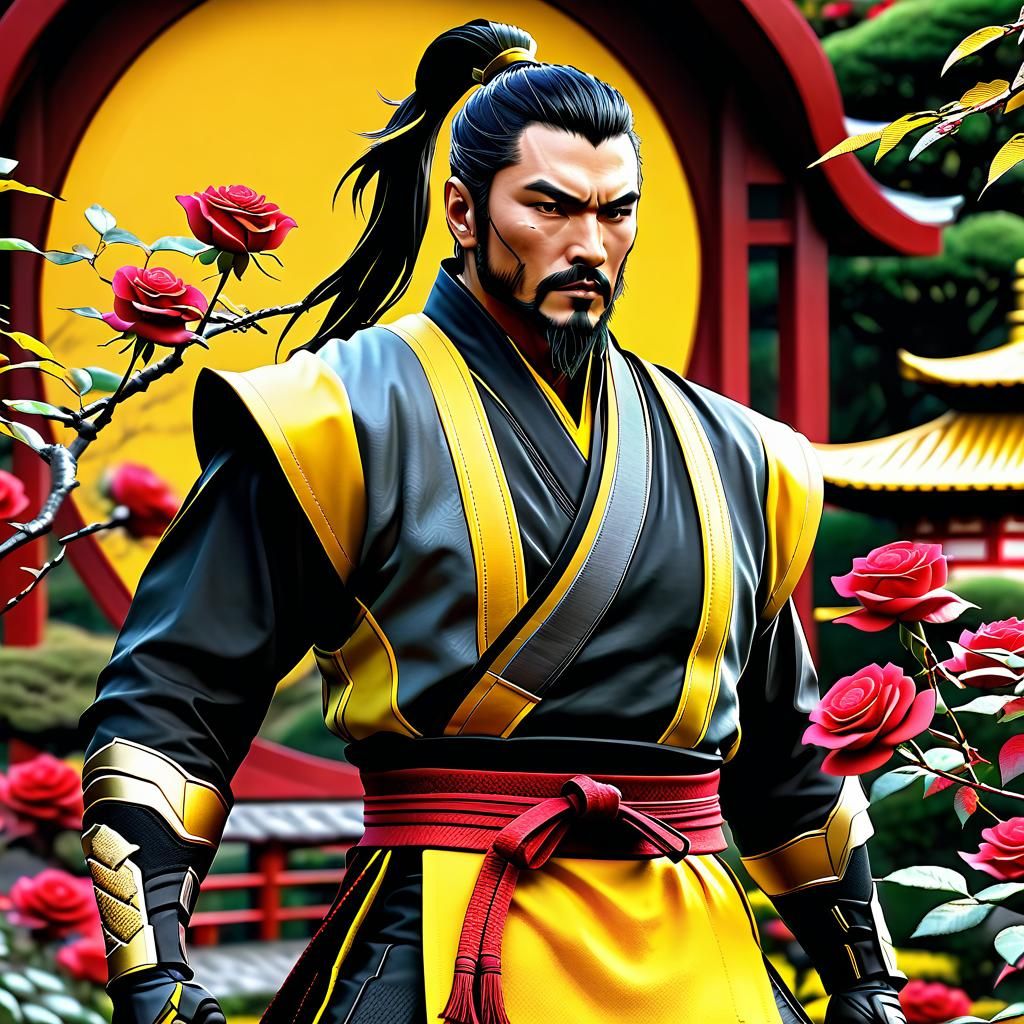 Hanzo Hasashi in Japanese Rose Garden, Digital Art