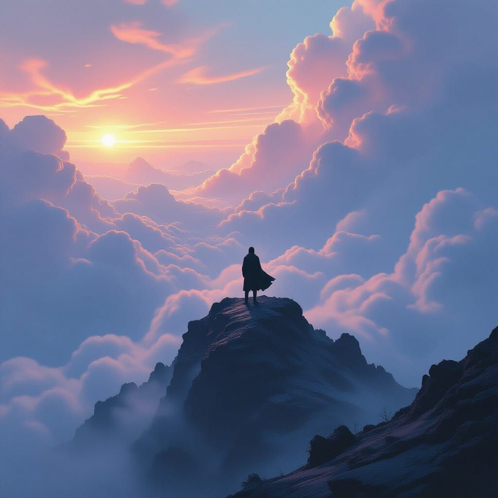 Lone Figure on Mountain Peak in Dystopian Surrealism
