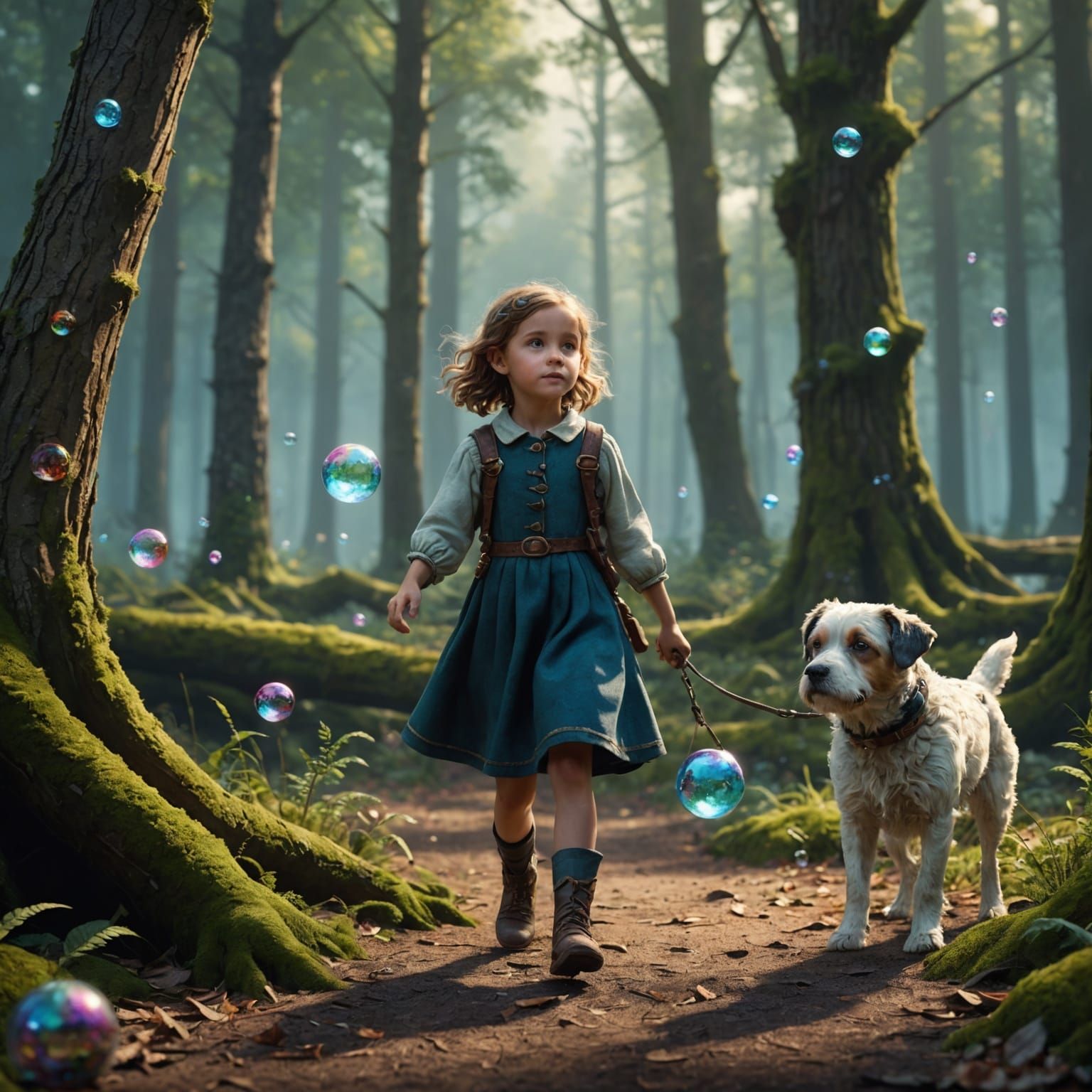 Girl and Dog Play in Forest: Matte Painting
